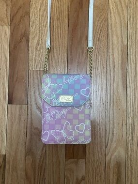 NWOT Betsey Johnson Pastel Pink Lavender Checker Butterfly Crossbody Pouch